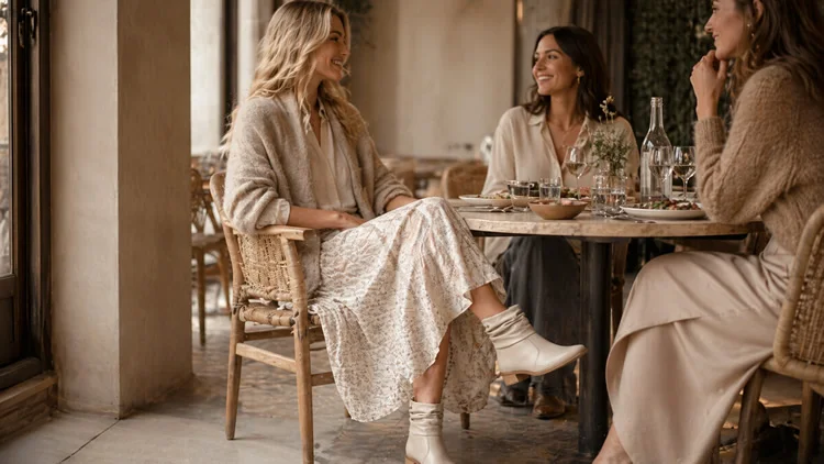 A imagem apresenta uma mulher loira em um almoço descontraído com amigas, em um restaurante elegante e acolhedor, com luz natural, decoração em tons neutros e atmosfera sofisticada. Ela aparece sorrindo, em um momento espontâneo de conversa, usando um look boho sofisticado composto por saia midi fluida, camisa leve e sobreposição com textura, criando uma produção feminina, elegante e natural.Nos pés, a composição ganha destaque com a bota slouch bege de cano curto da coleção de Inverno da Pegada. O modelo traz um visual moderno e delicado, com efeito levemente franzido no cano, salto bloco baixo e tom neutro, reforçando a proposta de conforto, estilo e versatilidade para ocasiões do dia a dia, como almoços, encontros e momentos especiais.