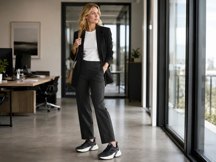 Mulher usando look athleisure no trabalho com blazer preto, calça de alfaiataria, camiseta branca e tênis chunky feminino preto da Pegada em ambiente corporativo.