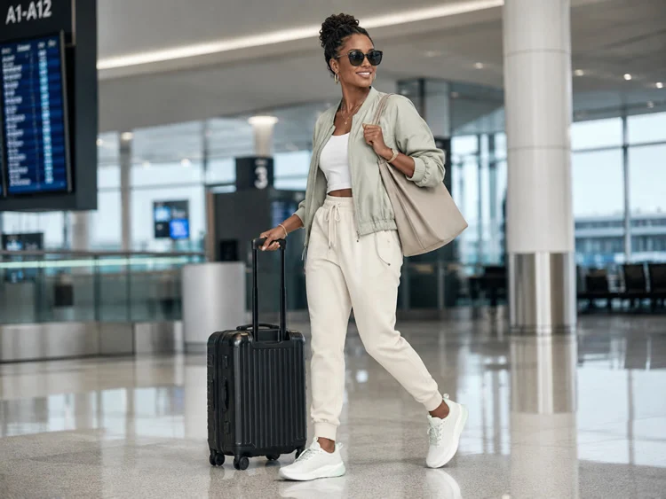 Mulher usando look athleisure para viagem com calça jogger clara, jaqueta leve, top branco, tênis feminino branco e mala no aeroporto.
