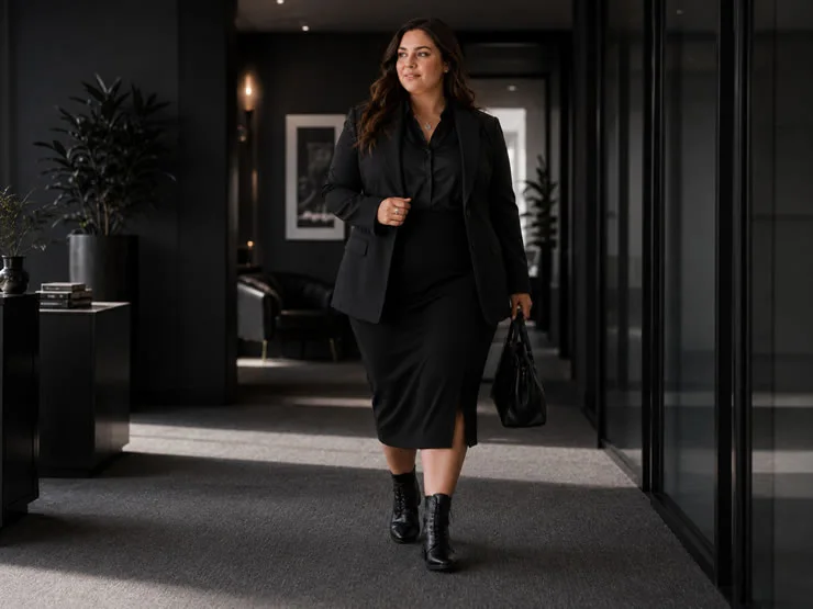 Mulher caminhando em escritório moderno, usando blazer preto, camisa preta, saia midi preta e bota preta de amarração da Pegada.