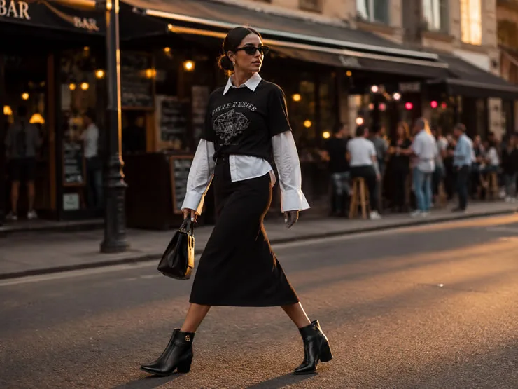Mulher caminhando em rua urbana no final de tarde, usando camisa branca sob camiseta gráfica preta, saia preta midi e bota preta de bico fino da Pegada.