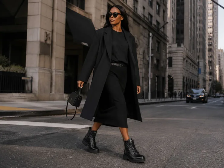 Mujer negra en street style urbano caminando por la calle, usando lentes de sol, camiseta amplia, falda midi, abrigo estructurado y borcegos negros de Pegada.