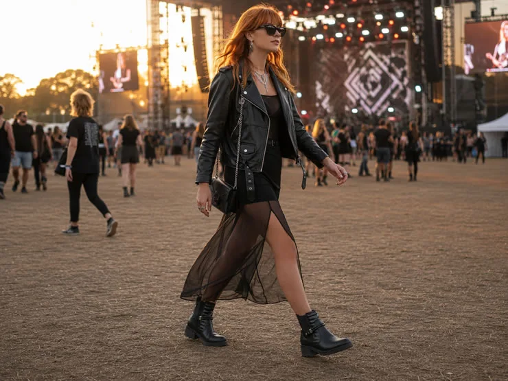 Mulher ruiva caminhando em festival de música ao entardecer, usando jaqueta de couro preta, peças com transparência, acessórios metálicos e bota preta da Pegada.